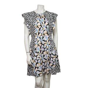 Rebecca Taylor Black Bow Fleur Mixed Print Silk Ruffle Sleeve Dress Size 8